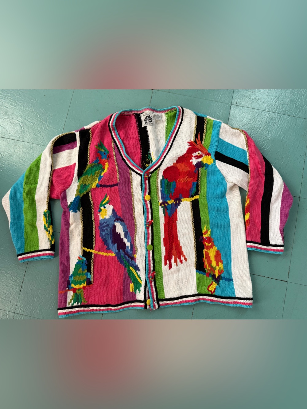 VTG Storybook Knits Colorful Parrot Knit Cardigan - Bright Multi 2X